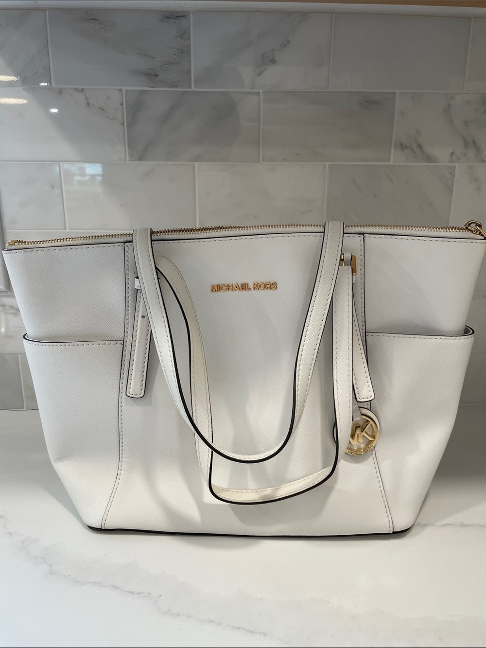 Michael Kors White Saffiano Tote with Gold Logo Charm